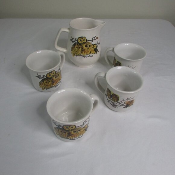 Enesco Tea Pot 4 Mug Set Owls Vintage - Picture 4 of 13